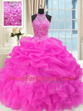 Shining Hot Pink Ball Gowns High-neck Sleeveless Organza Floor Length Lace Up Beading and Pick Ups Quinceanera Gown