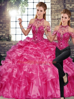 Fuchsia Lace Up Halter Top Beading and Ruffles Sweet 16 Dress Organza Sleeveless