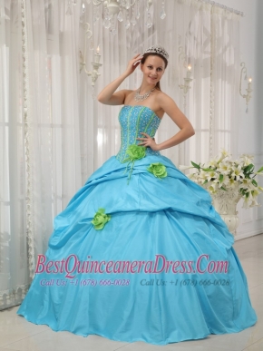 Baby Blue and Spring Green Quinceanera Dress Strapless Taffeta Beading and Hand Flowers
