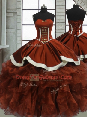 Wonderful Rust Red Sweetheart Neckline Beading and Ruffles Sweet 16 Dress Sleeveless Lace Up