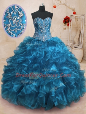 Stunning With Train Ball Gowns Sleeveless Blue 15 Quinceanera Dress Sweep Train Lace Up