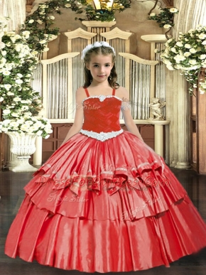 Coral Red Pageant Gowns For Girls Party and Quinceanera with Appliques and Ruffled Layers Straps Sleeveless Lace Up