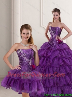 New Styles Strapless Purple Quince Dress with Ruffled Layers and Beading