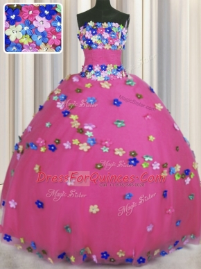 Best Selling Hot Pink Strapless Neckline Hand Made Flower Quinceanera Dress Sleeveless Lace Up