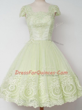 Attractive Lace Vestidos de Damas Yellow Green Zipper Cap Sleeves Knee Length