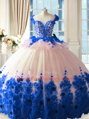 Blue And White Ball Gowns Tulle Scoop Sleeveless Hand Made Flower Zipper 15th Birthday Dress Brush Train