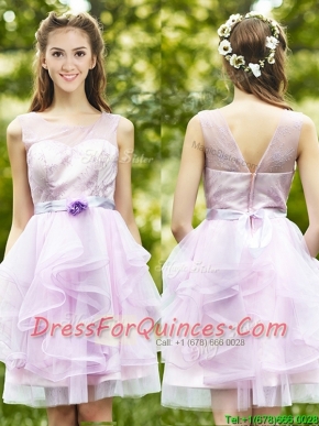 See Through Scoop Short Dama Dresses with Sashes and Ruffles