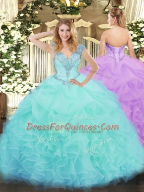 Aqua Blue Ball Gowns Organza V-neck Sleeveless Ruffles Floor Length Lace Up Sweet 16 Quinceanera Dress