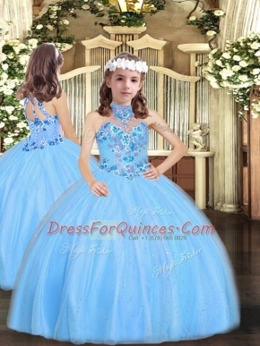 Customized Tulle Halter Top Sleeveless Lace Up Appliques Pageant Dress for Teens in Baby Blue