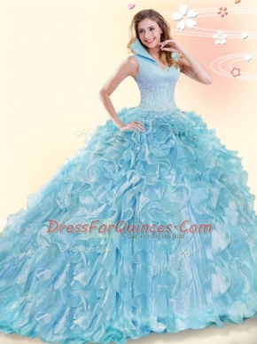 Aqua Blue High-neck Backless Beading and Ruffles Quinceanera Dresses Brush Train Sleeveless