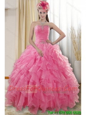 2015 Elegant Rose Pink Quinceanera Dresses with Ruffles and Beading