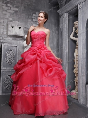 Coral Red Ball Gown Sweethrart Floor-length Organza Beading and Ruch Quinceanera Dress