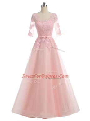 Flirting Floor Length A-line Short Sleeves Pink Prom Evening Gown Zipper