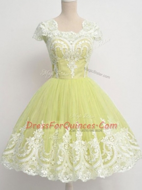 Luxury Knee Length Yellow Green Dama Dress Square Cap Sleeves Zipper