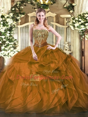 Customized Floor Length Brown Sweet 16 Dress Strapless Sleeveless Lace Up