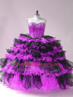Custom Made Organza Sweetheart Sleeveless Lace Up Beading and Ruffled Layers Quinceanera Gowns in Black And Purple