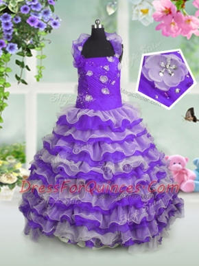 Eye-catching Lavender Ball Gowns Straps Sleeveless Organza Floor Length Lace Up Beading and Appliques and Ruffled Layers Little Girl Pageant Dress