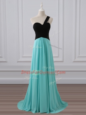 One Shoulder Sleeveless Chiffon Quinceanera Court of Honor Dress Ruching Brush Train Zipper