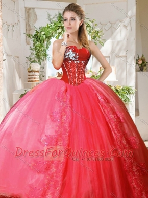 Romantic Puffy Skirt Beaded and Applique Quinceanera Dress in Coral Red
