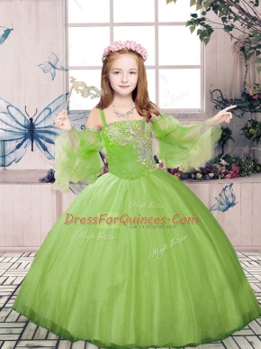 Custom Made Spaghetti Straps Long Sleeves Tulle Little Girl Pageant Gowns Beading Lace Up