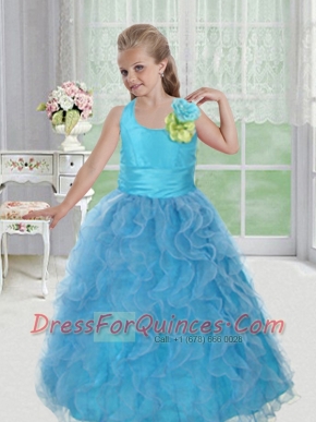 Elegant Halter Little Girl Pageant Dress with Bowknot Hand Made Flowers Ruffles in Blue
