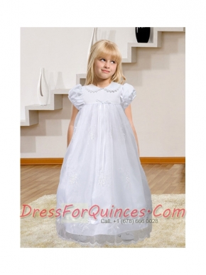 Simple A-Line Short Sleeves Appliques and Ruffles 2014 Flower Girl Dress with Floor-length