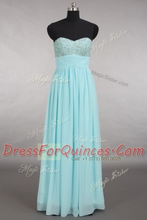 Elegant Floor Length Zipper Homecoming Dress Aqua Blue for Prom and Party and Wedding Party with Beading