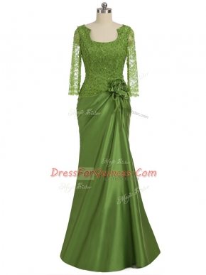 Stylish Olive Green Column/Sheath Lace and Appliques and Hand Made Flower Prom Evening Gown Zipper Elastic Woven Satin Long Sleeves Floor Length