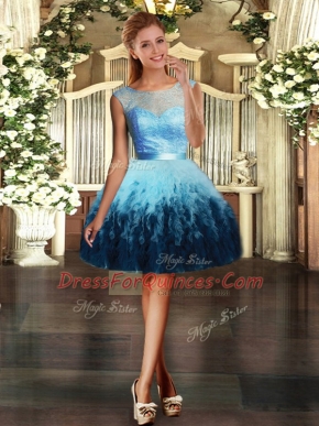Sleeveless Backless Mini Length Lace and Ruffles Prom Party Dress