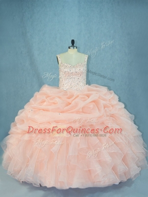 Sweet Peach Ball Gowns Straps Sleeveless Organza Lace Up Beading Quinceanera Gown