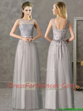 Cheap See Through Scoop Grey Long Dama Dresses with Appliques