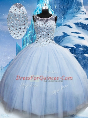 Flare Light Blue Sleeveless Beading Floor Length Quinceanera Gown