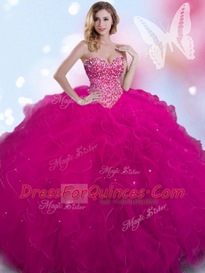 Fuchsia Lace Up Sweetheart Beading Sweet 16 Quinceanera Dress Tulle Sleeveless