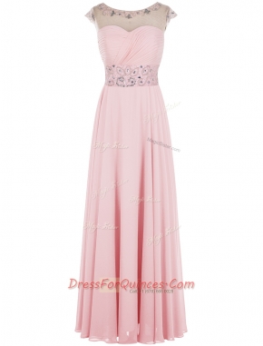 A-line Prom Gown Baby Pink Scoop Chiffon Sleeveless Floor Length Zipper