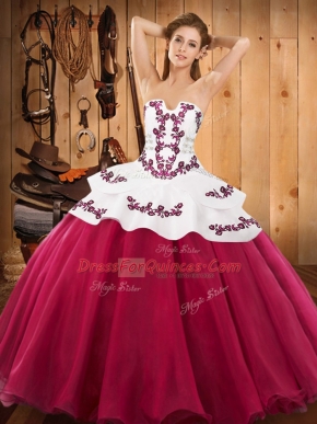 Strapless Sleeveless Lace Up Quinceanera Dresses Hot Pink Satin and Organza