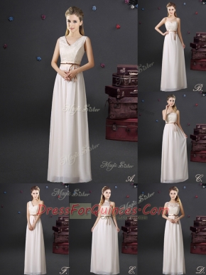 White Empire Lace and Appliques and Belt Dama Dress Lace Up Chiffon Sleeveless Floor Length