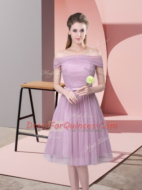 Ruching and Belt Damas Dress Lavender Side Zipper Sleeveless Knee Length