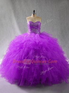 Inexpensive Floor Length Lace Up Sweet 16 Quinceanera Dress Purple for Sweet 16 and Quinceanera with Beading and Ruffles