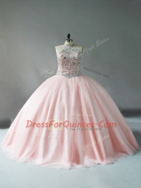 Superior Tulle Halter Top Sleeveless Beading 15th Birthday Dress in Pink