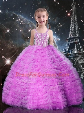 Stylish Floor Length Lace Up Child Pageant Dress Lilac for Quinceanera and Wedding Party with Beading and Ruffled Layers