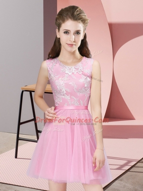 Flare A-line Court Dresses for Sweet 16 Pink Scoop Tulle Sleeveless Mini Length Side Zipper