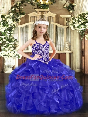 Cute Blue Sleeveless Floor Length Beading and Ruffles Lace Up Little Girls Pageant Gowns
