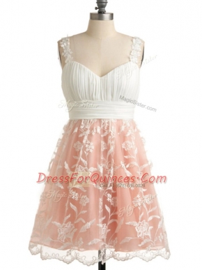 Peach Straps Lace Up Lace Dama Dress for Quinceanera Sleeveless