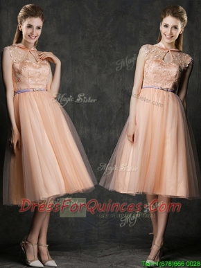 Popular High Neck Peach Prom Dresses with Sashes and Lace