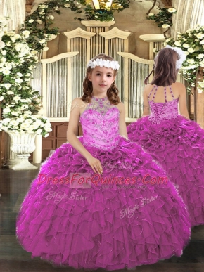 Sleeveless Floor Length Beading and Ruffles Lace Up Little Girl Pageant Gowns with Fuchsia