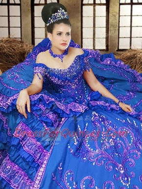 Off the Shoulder Sleeveless Floor Length Embroidery Lace Up Quinceanera Gowns with Royal Blue
