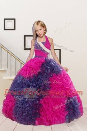 Halter Top Floor Length Ball Gowns Sleeveless Fuchsia Toddler Flower Girl Dress Lace Up