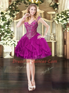 Fashion V-neck Sleeveless Lace Up Prom Party Dress Fuchsia Tulle