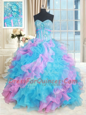 Dramatic Beading and Appliques and Ruffles Sweet 16 Dress Multi-color Lace Up Sleeveless Floor Length