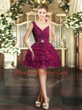 Customized Sleeveless Mini Length Beading and Ruffled Layers Backless Dress for Prom with Burgundy